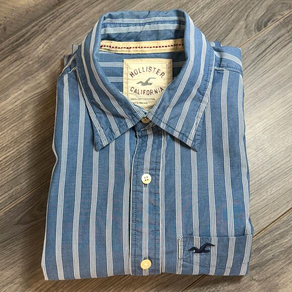 vtg Y2K Hollister Shirt Size M Button Down Striped Work Preppy Academia Logo - Picture 7 of 12